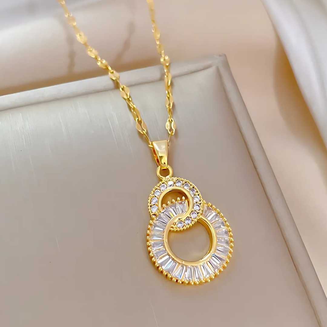 Gold Plated Double Ring Rhinestone Necklace