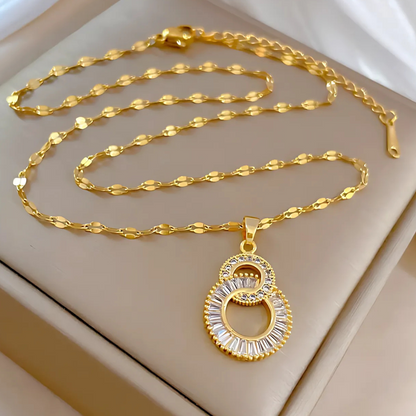 Gold Plated Double Ring Rhinestone Necklace